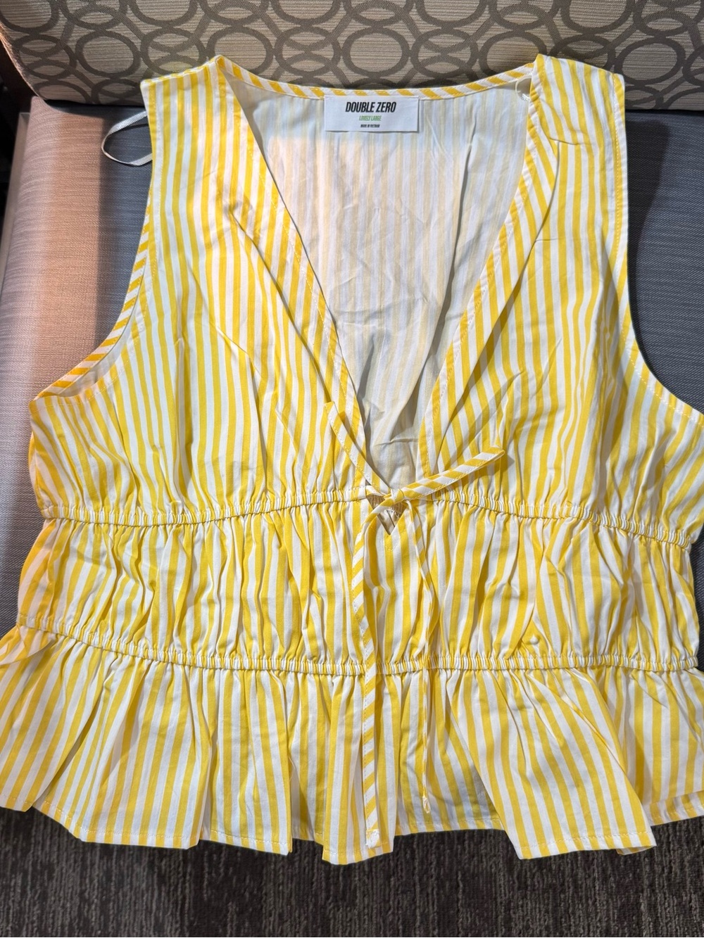 Double Zero Yellow and White Striped Tie-Front Peplum Camisole